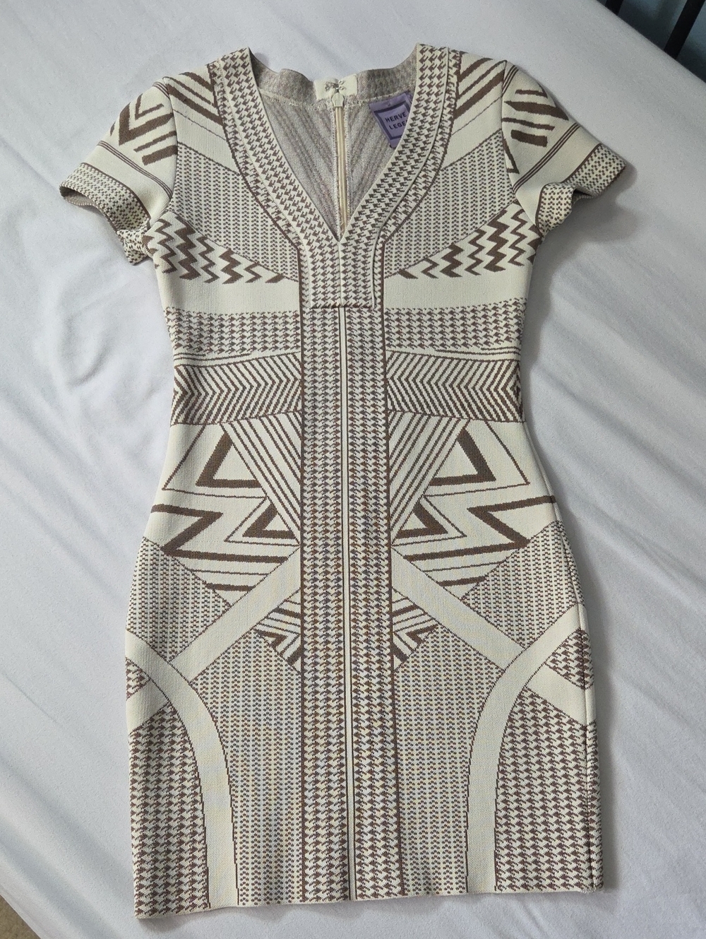 NWOT Herve Leger "Zehra" Cream and Brown Geometric Jacquard Bandage Dress 2015